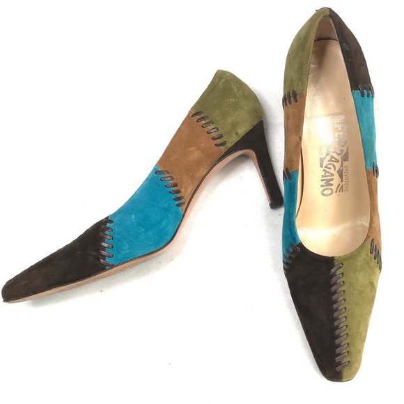 Auc Ferragamo Suede Color Block Patch Work Heels